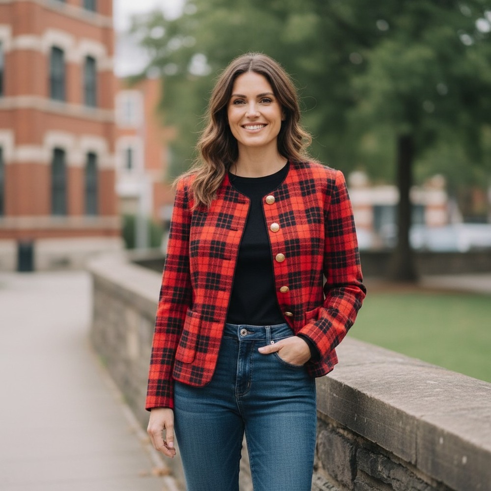 Liz Claiborne Collection Red Black Plaid Collarless Blazer Gold Buttons Size 10